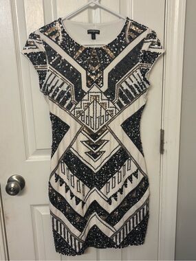 Express White Mini Dress with Black & Gold Sequin Geometric Design